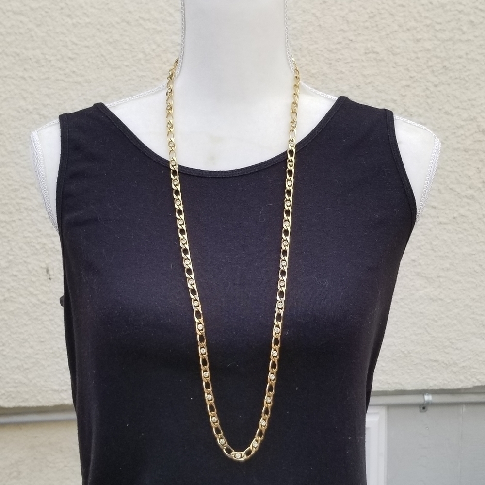 gold tone large link chain necklace with rhinestones